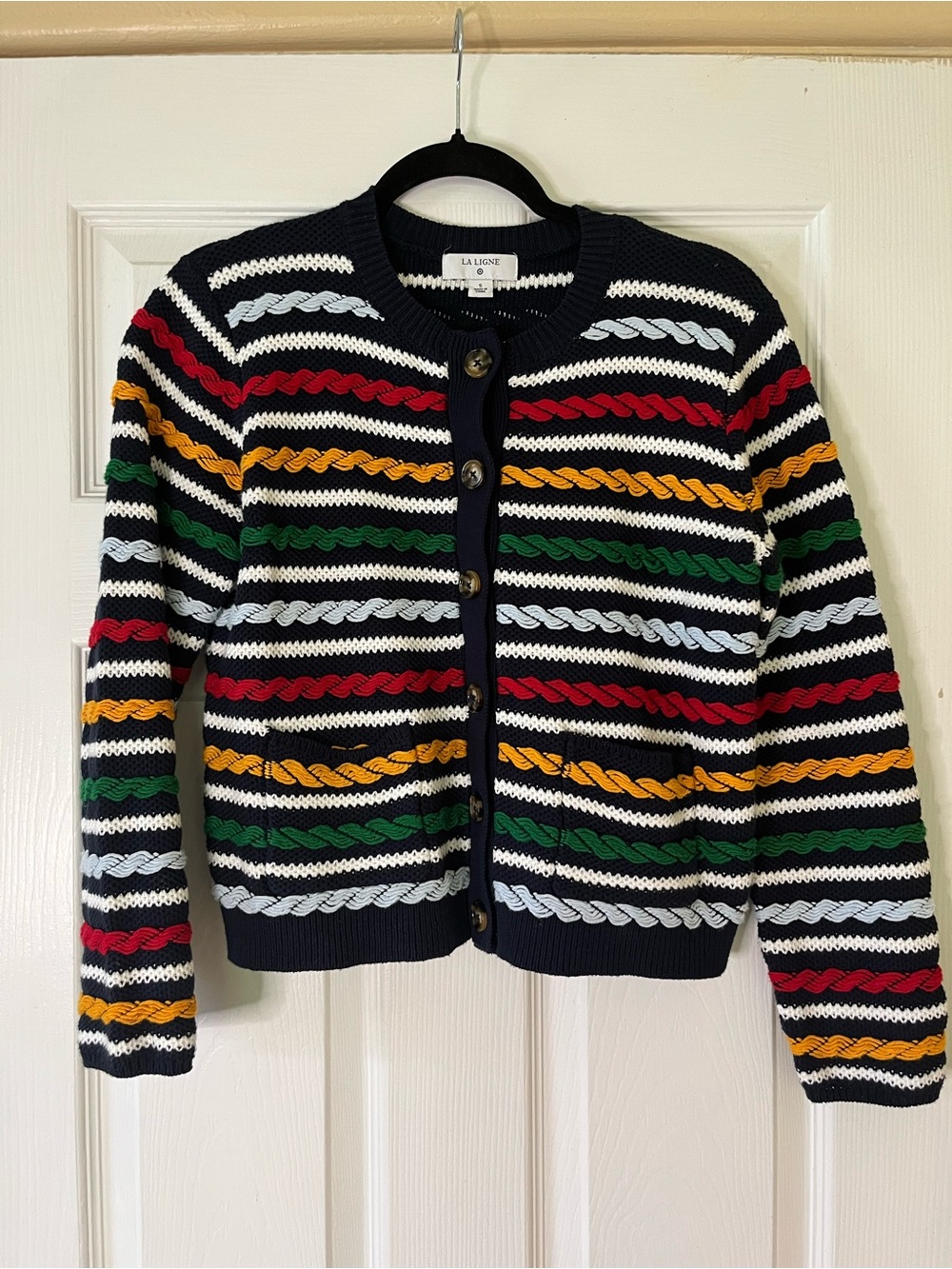 La Ligne Cotton Striped Cable-Knit Cardigan in Navy with Multi Color Stripes